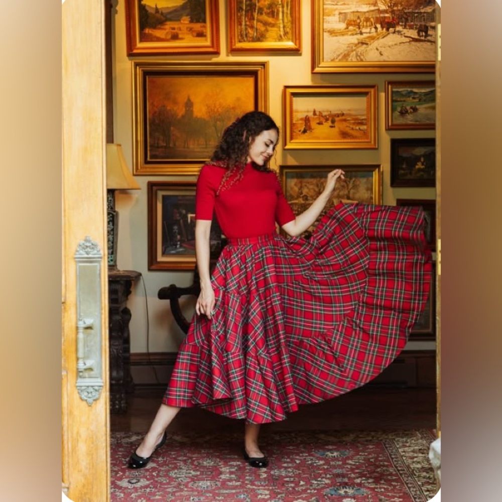 Plaid Red Tartan Maxi Full Skirt with pockets no name approx. size XL see meas. - Picture 9 of 10